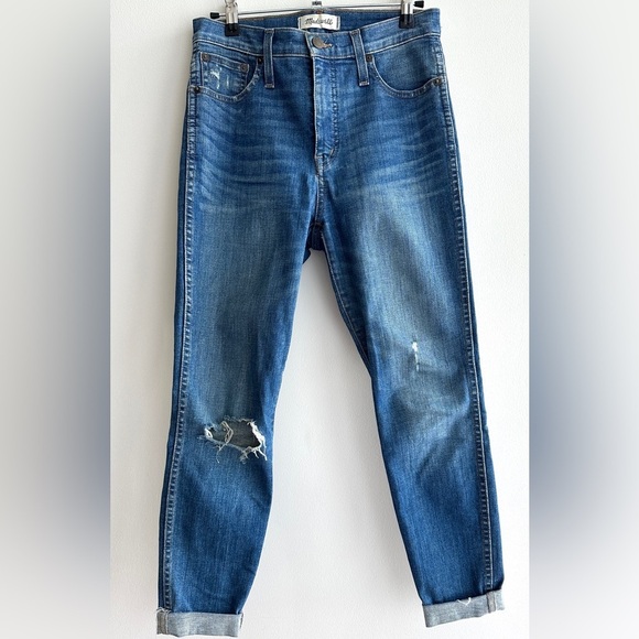Madewell Distressed Mid-Rise Skinny Blue Cuffed Jeans, Medium Wash, Size 26 - Picture 1 of 16